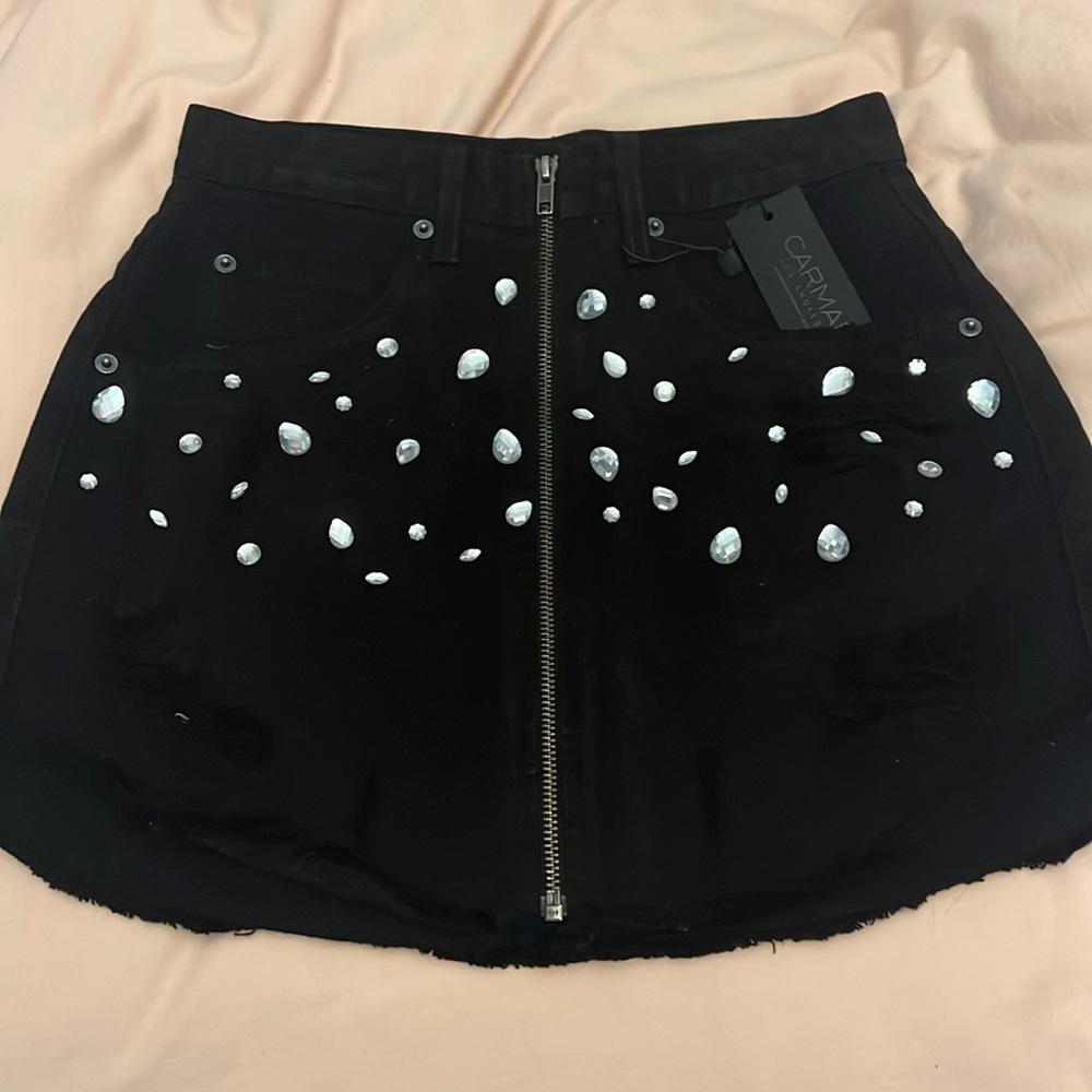 NWT carmar lf black denim skirt w stones